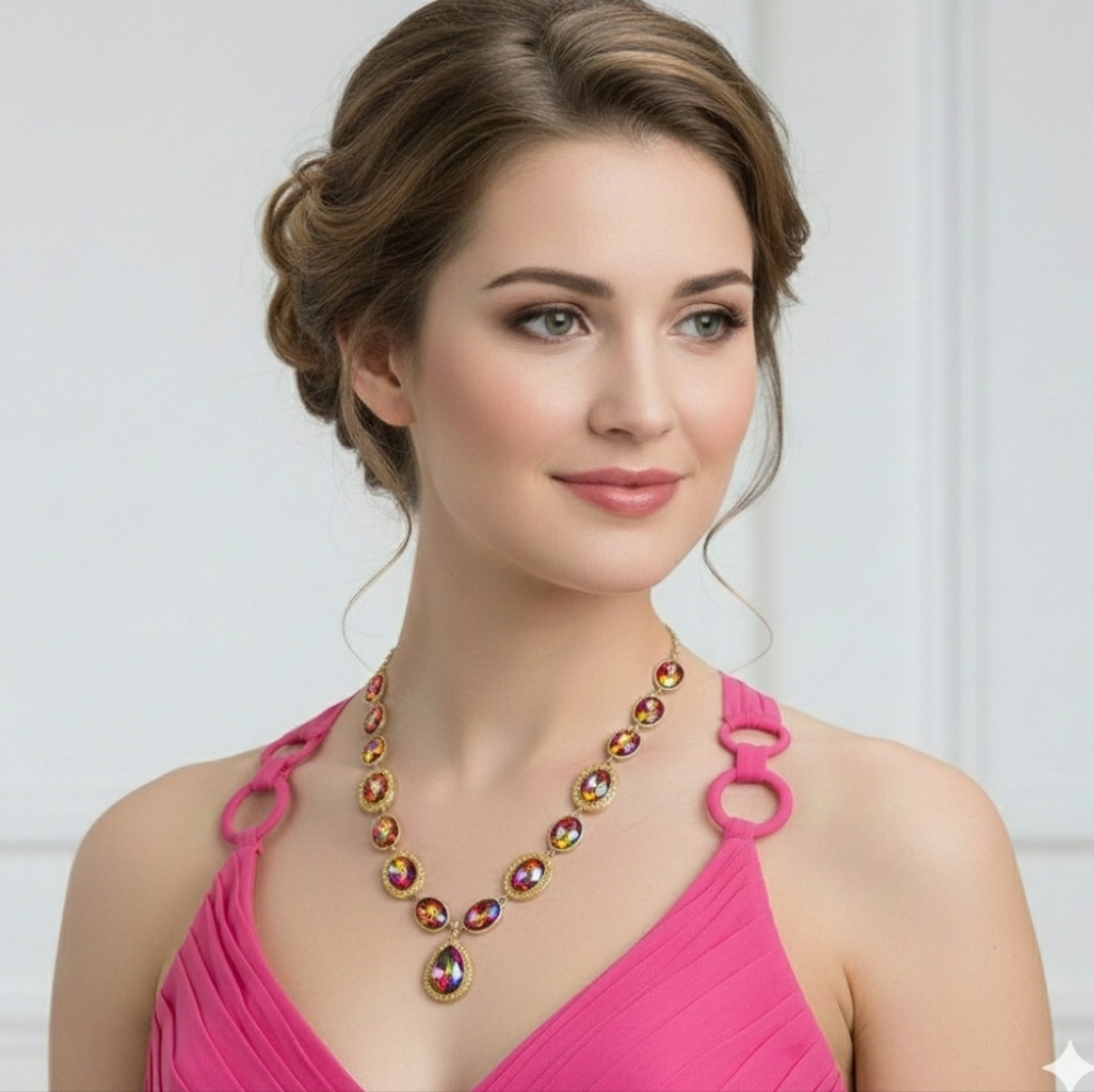 Monet Colorful Rainbow Stones Statement Necklace rainbow pink green yellow NWT